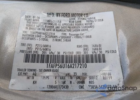 2006 Ford Taurus Sel z USA, uszkodzony, nr VIN 1FAFP56U16A217210